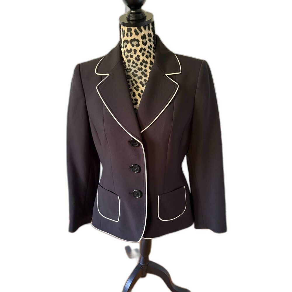 Tahari Classic Black Cream Piping Blazer Jacket 8 Petite Preppy Academia Office